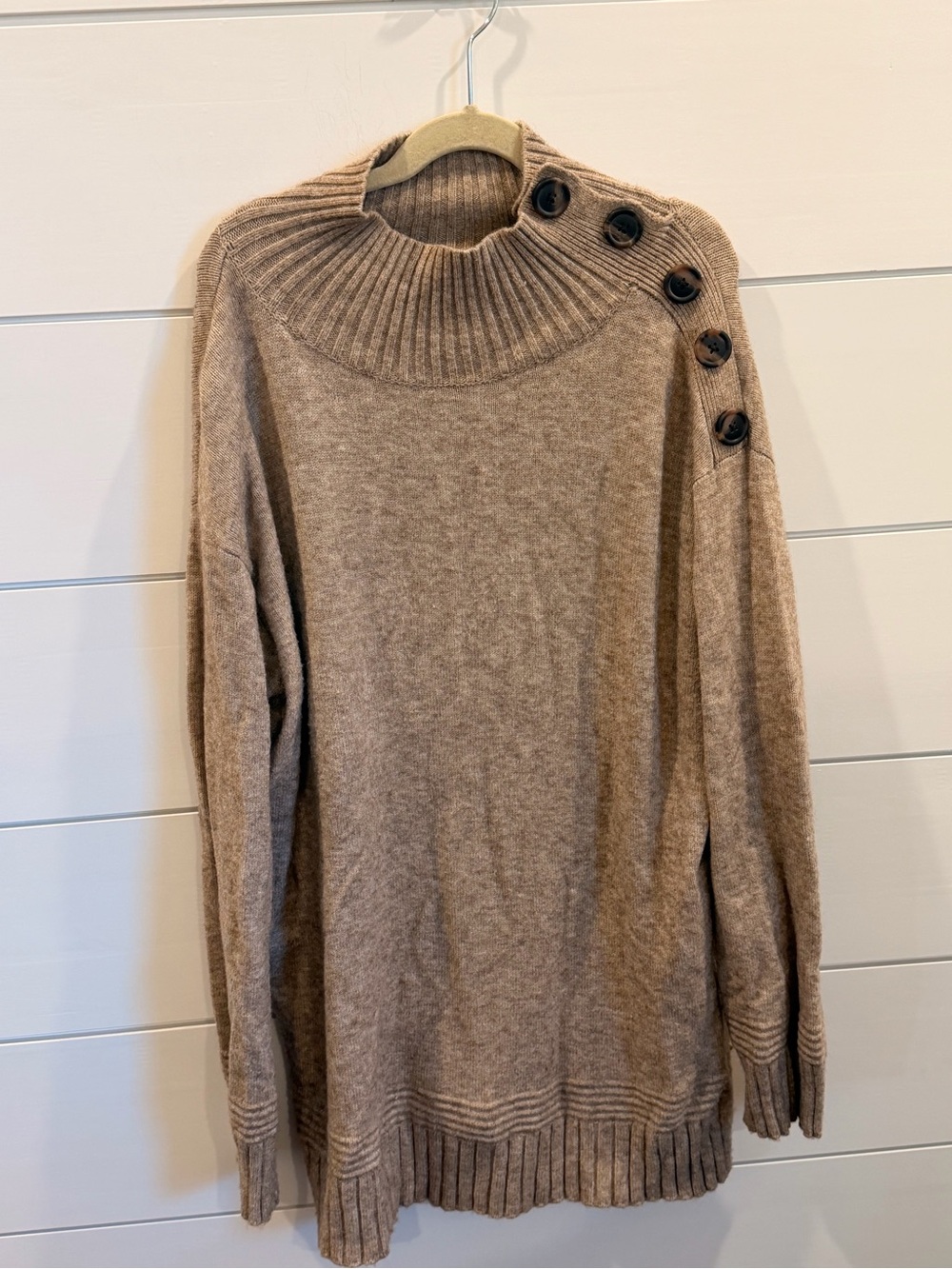 Anthropologie Taupe Button-Shoulder Ribbed Mock Neck Sweater